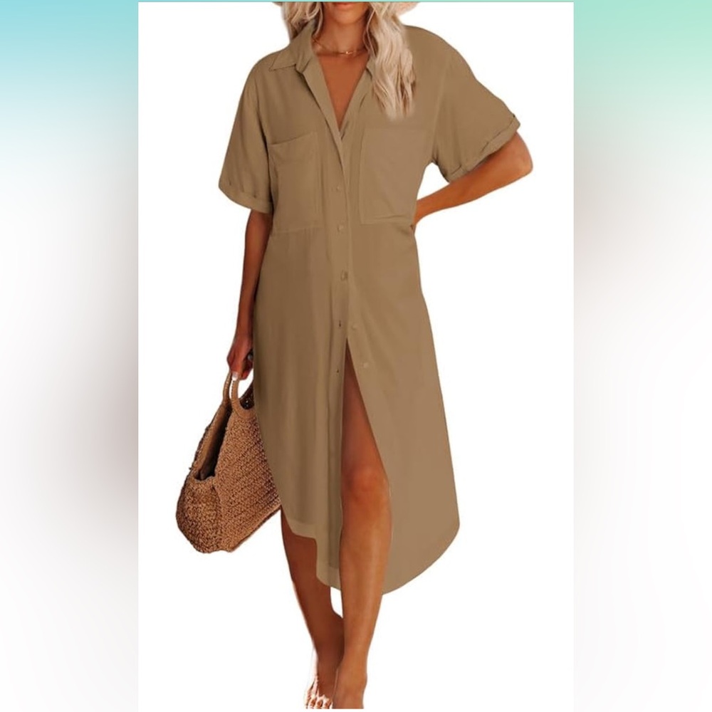 Dokotoo Womens Summer Button Down Short Sleeve Side Split Shirt Dress..M..(NWT)